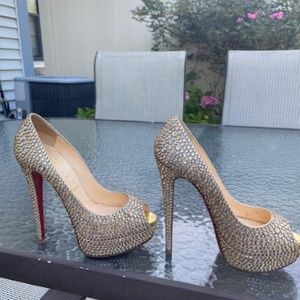 Authentic Christian Louboutin Gold Lady Peep 150mm Ring/Strass Pumps Sz 38